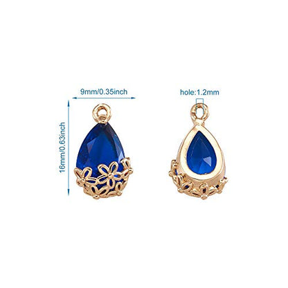 FASHEWELRY 50Pcs Faceted Teardrop Glass Pendants Transparent Crystal Drop Charms with Light Gold Brass Flower Setting for DIY Bracelet Necklace Earring Jewelry Craft Making 16x9mm - color: Medium Blue