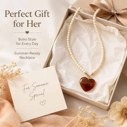 Wood Bead Heart Necklace for Women Amber Color Resin Heart Pendant Natural Wooden Beaded Necklace Boho Long Vacation Jewelry Gift - color: B1:wood beaded necklace