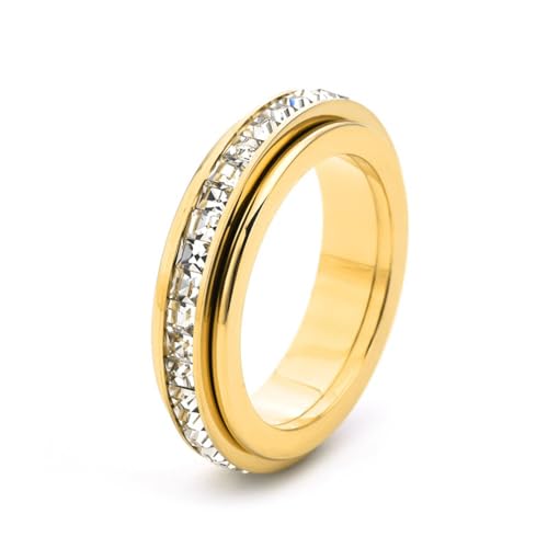 6mm Titanium Fidget Rings for Women Anxiety Relieving, Full Cubic Zirconia Eternity Wedding Band Ring, Hypoallergenic Stainless Steel Gold Rings No Tarnish Love Statement Jewelry