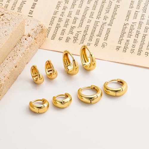 Foxgirl 4 Pairs Small Chunky Huggie Hoop Earrings for Women - Dainty 14K Gold Plated Hypoallergenic Lightweight Stack Earring Sets for Multiple Piercing Trendy Jewelry