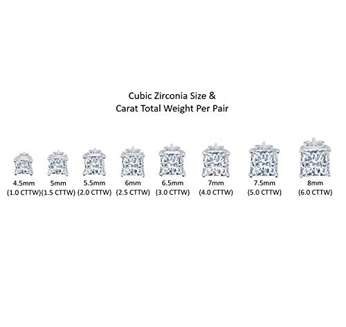 MAX + STONE Plated Sterling Silver Cubic Zirconia Stud Earrings (Round & Princess) - size: 7.5MM, style: Princess
