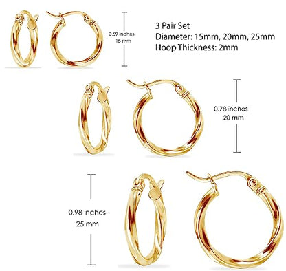 Hoops & Loops 925 Sterling Silver Twisted Hoop Earrings for Women - Hypoallergenic 14K Gold, Rose Gold, Black Flash Plated 2mm Thin Twist Design Round Click-Top Hoops, 15/20/25/30/35/40/50/60mm - color: 15,20,25mm - Gold
