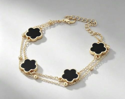 Gold-Tone Double Layer Clover Charm ankle Bracelet, black stone, Adjustable - color: black