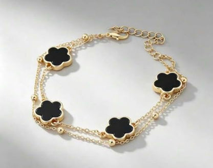 Gold-Tone Double Layer Clover Charm ankle Bracelet, black stone, Adjustable - color: black