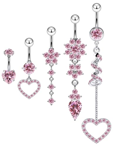 14G Dangle Belly Button Ring Piercing Jewelry 316L Stainless Surgical Steel Heart Flower CZ Reverse Navel Rings Dangling Belly Button Ring Piercing Jewelry for Women 14 Gauge Hypoallergenic - style: 5Pcs Pink