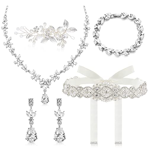 Henoyso 5 Pcs Wedding Jewelry Set for Women, Rhinestone Necklace Earrings Bracelet Headpieces Set for Bride Bridesmaid Prom - style: Bright Style
