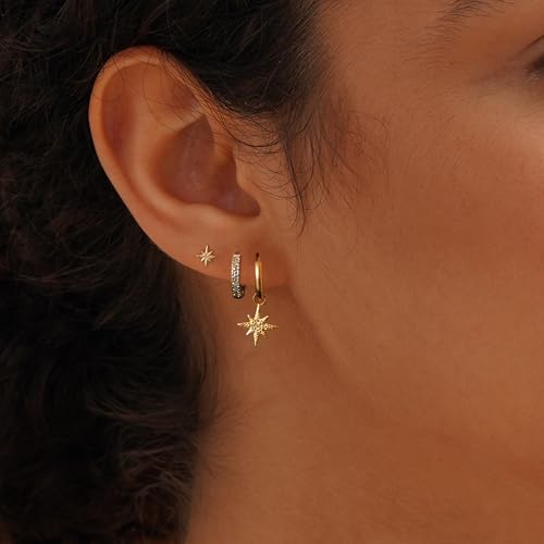 Gold Plated Earrings for Women, 14k Gold Plated Earring Stack Hypoallergenic Pearl Drop Earring Dainty Earrings for Women Trendy Cute Small Huggie Hoop Earring Fashion Womens Jewelry - color: star set
