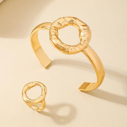 Gold Bangle Ring Set for Women Chunky Statement Jewelry Set Geometric Bangle Bracelet And Ring Minimalist Daily Wear Party Jewelry Gift - color: Gold B