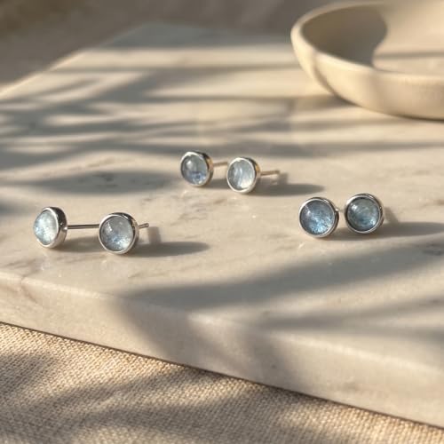 Natural Aquamarine Earrings with 925 Sterling Silver Studs | 6.5 mm Light Blue Stud Earrings for Sensitive Ears | Minimalist Unisex March Birthstone Jewelry | Wedding Bride Gift