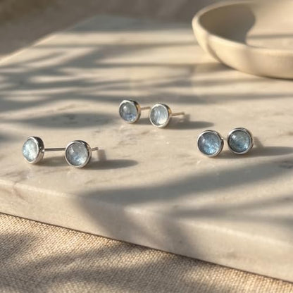 Natural Aquamarine Earrings with 925 Sterling Silver Studs | 6.5 mm Light Blue Stud Earrings for Sensitive Ears | Minimalist Unisex March Birthstone Jewelry | Wedding Bride Gift