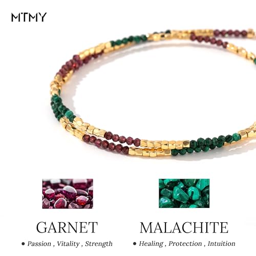 MTMY Beaded Gemstone Choker Necklace for Women | 14K Gold Plated, Colorful Natural Stone, Bead Chain, Boho Summer Beach, Handmade Jewelry - color: Malachite & Garnet