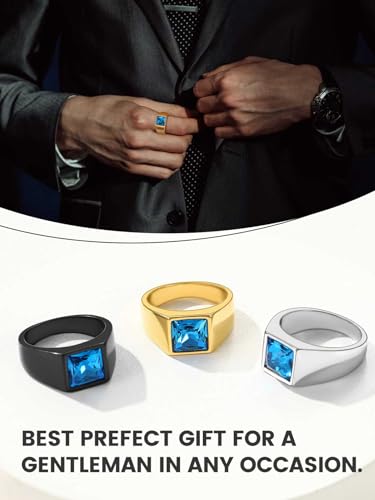 KeyStyle Square Gemstone Signet Rings for Men, Personalized Stainless Steel Pinky Ring with Black Onxy Blue Topaz Birthstone Statement Ring - color: Black - Blue Topaz - 8mm