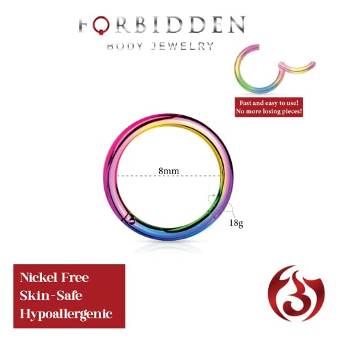 Forbidden Body Jewelry 316L Surgical Steel Hinged Seamless Nose Rings Hoop 14G 16G 18G, Diameter 6mm 8mm 10mm 12mm, Gold/Rose Gold/Silver/Black/Rainbow Colors. - style: 18g 8mm - Rainbow