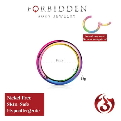 Forbidden Body Jewelry 316L Surgical Steel Hinged Seamless Nose Rings Hoop 14G 16G 18G, Diameter 6mm 8mm 10mm 12mm, Gold/Rose Gold/Silver/Black/Rainbow Colors. - style: 18g 8mm - Rainbow