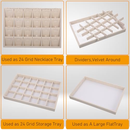 24 Grids Stackable Jewelry Tray Organizer with Removable Dividers, Velvet Jewelry Display Tray for Earrings Necklaces Bracelet Rings Display Showcase - Beige