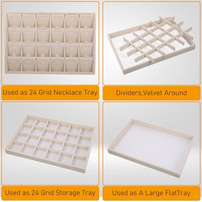 24 Grids Stackable Jewelry Tray Organizer with Removable Dividers, Velvet Jewelry Display Tray for Earrings Necklaces Bracelet Rings Display Showcase - Beige