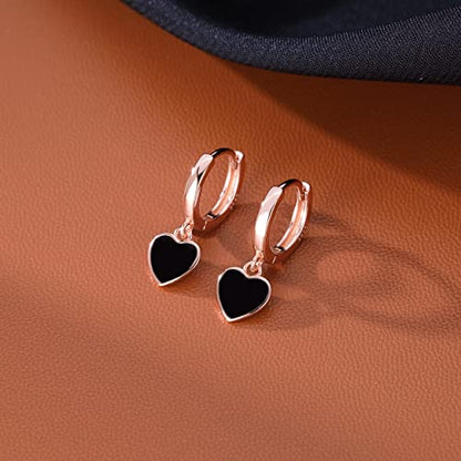 SLUYNZ Sterling Silver Black Heart Hoop Earrings for Women Teens Love Heart Hoop Earrings Huggie - color: C-Rose Color