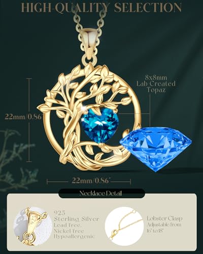 FANCIME Tree of life Birthstone necklace Sterling Silver Pendant Birthstone Necklace Gemstone Anniversary Birthday Jewelry Mothers Day Gifts for Mom Her Wife - color: Yellow gold-12-blue topaz