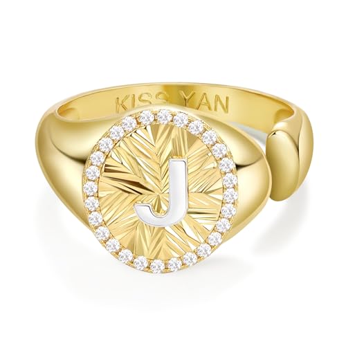 KissYan 14K Gold Plated Initial Ring for Women | Adjustable CZ Halo Letter Signet Ring, Personalized Monogram Statement Jewelry Gift, Tarnish Resistant - style: Letter J