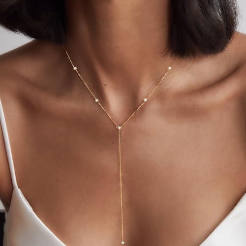 Foxgirl Lariat Gold Necklace for Women, Dainty Long Necklace 14k Gold Plated/Silver Y-Shaped Pendant Necklace Trendy Layered Cz Beaded Chain Drop Necklaces Simple Gold Jewelry For Women Gift | Layered Beaded Drop Design, Long Y-Shaped Chain for Wedding or