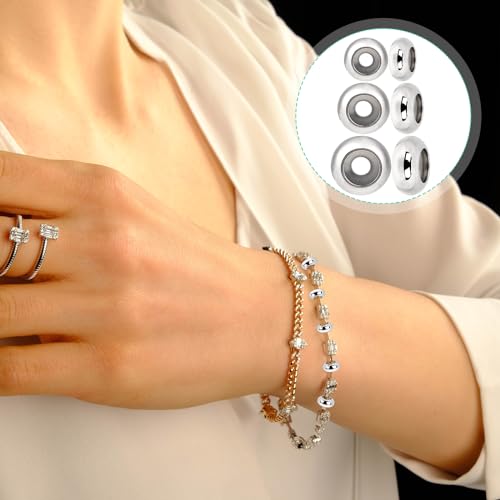 30pcs Stopper Beads for Charm Bracelets, 304 Stainless Steel Spacer Beads Adjustable Beads Slider Metal Loose Beads 6/8/10mm with Insert Rubber Locating Rings for DIY Bracelets Necklace Jewelry Making - color: silver