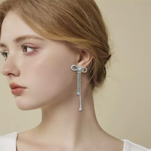 Luxval Rhinestone Earrings Dangling for Women Sparkly Silver Dangle Earrings Girls Long Chandelier Earrings Tassel Lightweight Ear Studs Cubic Zirconia Crystal Statement - color: Silver-CZ Bow