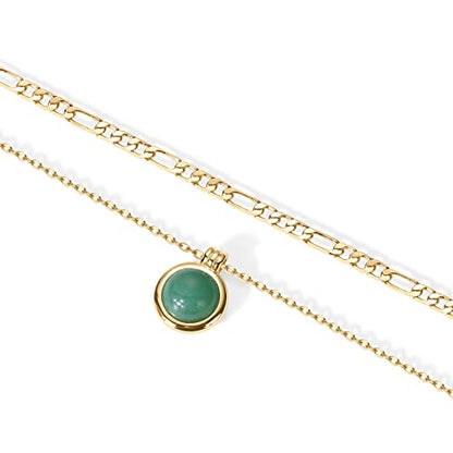 PAVOI 14K Gold Plated Layered Necklaces for Women | Gemstone Pendant Figaro Chain Necklace | Carnelian, Green Aventurine, Malachite Layering Necklace - color: Yellow Gold, style: Green Aventurine