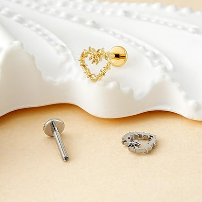 Hollow Heart Piercing Jewelry Collection - ASTM F136 Titanium Internally Threaded Flat Back Stud for Cartilage, Helix, Conch - color: Spiked Heart - Gold