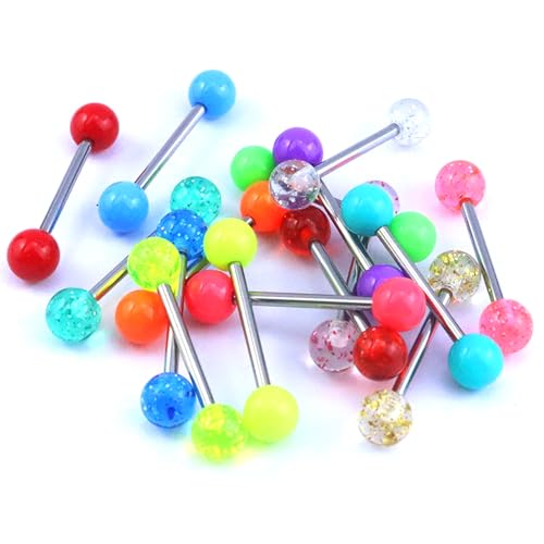 12/16/24Pcs Tongue Rings for Women Candy Color Ball Tongue Nipple Piercing 14G Surgical Steel Barbell Tongue Retainer Body Jewelry Bar Length 16mm - style: Colorful-16Pcs