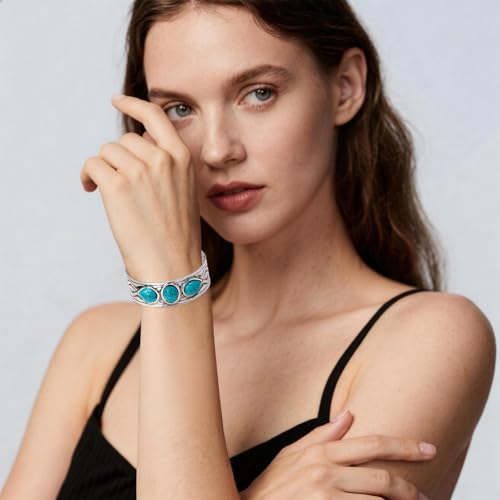 Western Turquoise Cuff Bracelet for Women, Silver-Tone Concho Boho Bracelet Southwestern Jewelry Adjustable Western Bangle for Rodeo Country Outfit Gifts