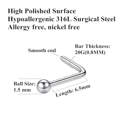 316L Surgical Steel 22g/20g/18g Nose Rings Studs L-Shape Nose Nostrial Piercing Body Jewerly L Shaped Nose Studs 1.5mm 2mm 2.5mm 3mm CZ Nose Screw Studs Rings for Women - style: 6pcs/L-shape/20g/1.5mm Ball/Silver