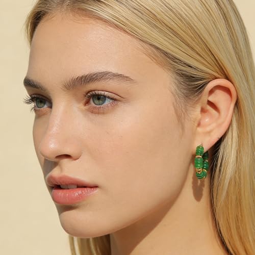 Wellike Beaded Hoop Earrings for Women Natural Stone Pink Gold Huggie Earrings Hypoallergenic Dainty Waterproof Trendy Jewelry - color: green, size: 30mm