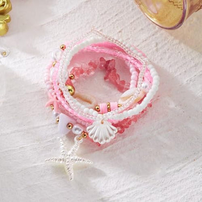 Boho Stackable Beaded Bracelet Set, Pink, Starfish Shell Pearl Charms, Elastic Handmade Layered Stretch Bracelets, Summer Beach Holiday Jewelry for Women - color: Pink A