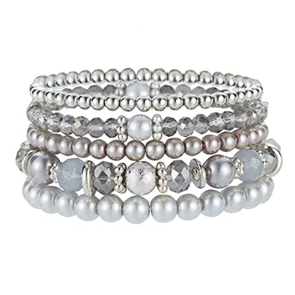Noessla Beaded Pearl Stretch Bracelet Silver Stackable Crystal Beads Bracelets Trendy Costume Jewelry Mothers Day Gifts for Women - color: Grey