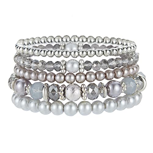 Noessla Beaded Pearl Stretch Bracelet Silver Stackable Crystal Beads Bracelets Trendy Costume Jewelry Mothers Day Gifts for Women - color: Grey