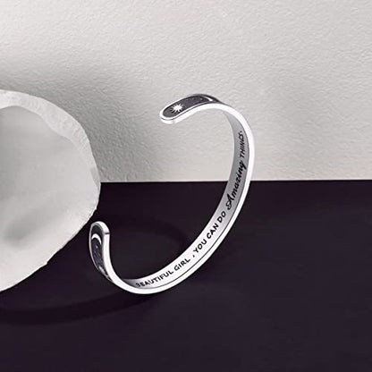 TONY & SANDY Inspirational Bracelets for Women Teen Girls Personalized Gifts for Daughter Granddaughter Mom Sister Friends Stainless Steel Engraved Cuff Birthday Easter Christmas - style: A - Sun & Moon - Beautiful you can do amazing things