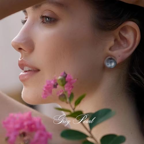 Trendy Big Simulated Pearl Earrings for Women, 925 Sterling Silver Post 14/12MM Oversized Large Pearl Studs Bride Bridesmaid Prom Wedding Earrings Jewelry Gifts - color: Grey, size: 14MM