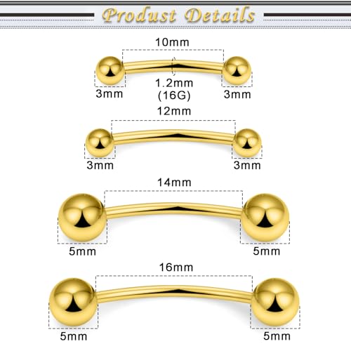 Snake Eyes Piercing Jewelry Tongue Surgical Steel Frog Eyes Tongue Rings 16G 14G Eyebrow Piercing Curbed Barbell Vertical Labret Lip Jewelry Bridge Piercings for Women Men 10mm/12mm/14mm/16mm - color: 16g,goldtone