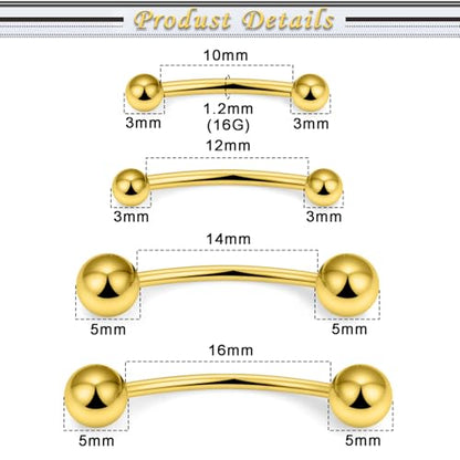 Snake Eyes Piercing Jewelry Tongue Surgical Steel Frog Eyes Tongue Rings 16G 14G Eyebrow Piercing Curbed Barbell Vertical Labret Lip Jewelry Bridge Piercings for Women Men 10mm/12mm/14mm/16mm - color: 16g,goldtone