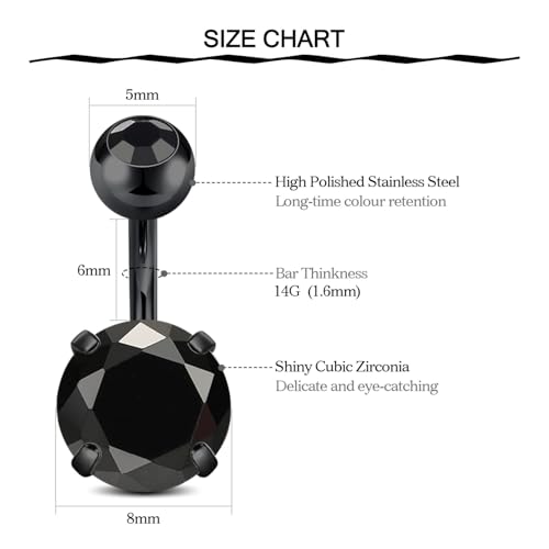 VCMART Belly Button Ring Short Bar Belly Ring Short Belly Button Rings Surgical Steel 6mm Belly Rings for Women Small Belly Button Piercing Navel Rings Piercing Jewelry - color: H -black