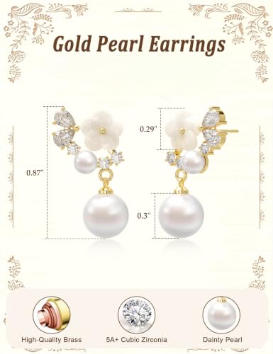 Freekiss Pearl Earrings for Women Trendy: Flat Back Stud Earrings 14K Gold Plated/925 Sterling Silver Freshwater Pearl Dangle Earrings Cute Bow Earrings Wedding Jewelry Birthday Gifts for Women Girls - style: Flower Pearl-GD