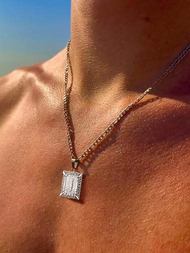 U7 Initial Letter Necklace for Men Women, 14K Gold/Silver Plated Square Capital Monogram Pendant Necklace from A-Z with 22+2 Inch Figaro Chain, Personalized Jewelry for Him - color: Silver, style: J