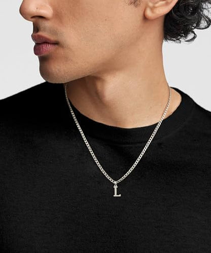 Silver Initial Necklace for Men Letter Pendant Cuban Link Chain | Stainless Steel 4mm 20 Inch Chain Non Tarnish Silver Plated A-Z Capital Name Charm Custom Personalized Jewelry Gift for Man - style: Silver:L