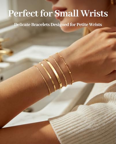 Dainty Gold Bracelet for Women Trendy Non Tarnish, Thin Bracelets Stackable Set with Bangle Cuff, Box, Herringbone, Paperclip, Figaro, Sparkling Link Chains Waterproof, Simple Jewelry Gifts for Women - color: style 01-gold