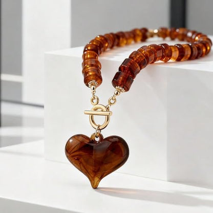 Chunky Heart Necklaces for Women Colorful Resin Beaded Necklaces for Women Gold Puffy Heart Statement Necklace Trendy Acrylic Choker Jewelry Gift - color: Amber