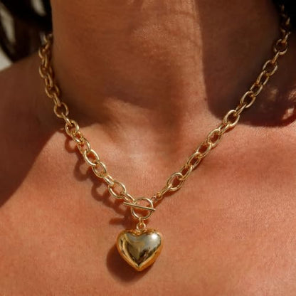 Chunky Gold Necklace for Women | 14K Gold Plated Hammered Heart Pendant O-Link Chain Necklace with Toggle Clasp, Waterproof Statement Jewelry Gift for Her - color: Dainty Gold Heart Necklace