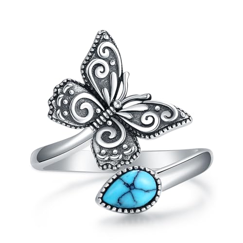 S925-Sterling-Silver Abalone Dragonfly-Turquoise Spoon Ring - Vintage Boho Sunflower Thumb Oxidized Wrap Rings Victorian Style Antique Floral Jewelry Gifts for Women - color: Butterfly Spoon Ring