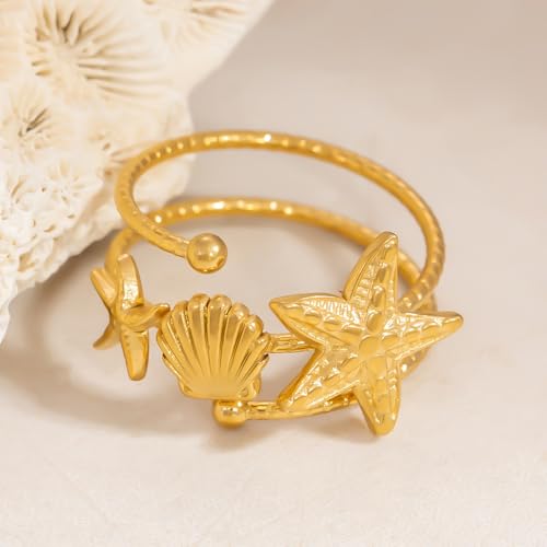 Bohemian Starfish Shell Finger Statement Ring for Women Gold Plated Dainty Seashell Star Wrap Open Adjustable Layered Thin Band Stacking Comfort Fit Stainless Steel Summer Beach Ocean Holiday Jewelry