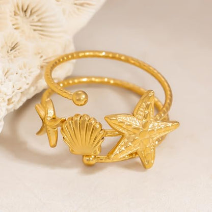 Bohemian Starfish Shell Finger Statement Ring for Women Gold Plated Dainty Seashell Star Wrap Open Adjustable Layered Thin Band Stacking Comfort Fit Stainless Steel Summer Beach Ocean Holiday Jewelry