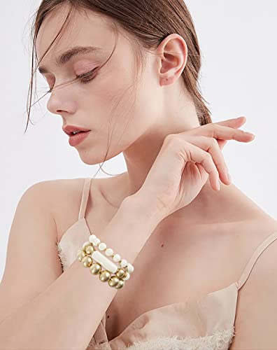 LALAPPLE Gold Plated Beaded Acrylic Bamboo Tube Bangle Bracelets for Women, Colorful Chunky Curved Tube With Gold Plated Pieces Beads Stretch Bracelet Friendship Summer Beach Jewelry - color: A-Ivory-gold beaded 3pcs